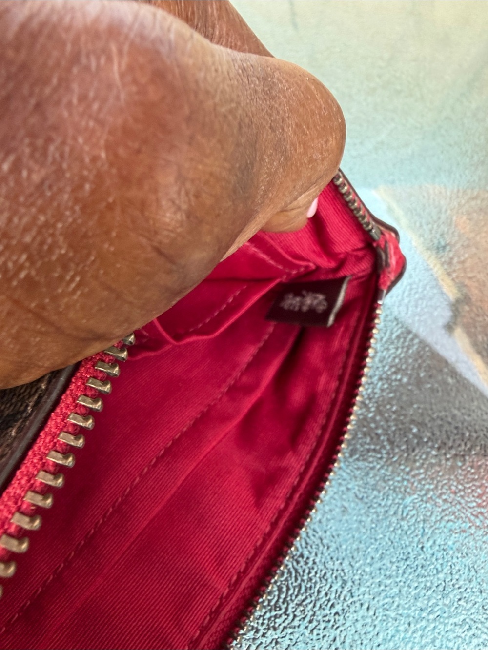 Coach Brown Signature Wristlet with Aloha Patch and Pink Trim - Picture 6 of 7